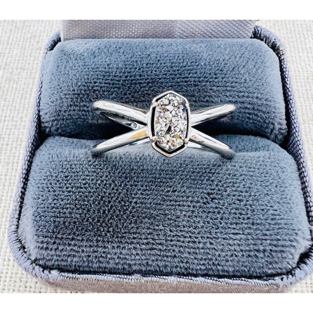 Kendra Scott Elyse Ring Platinum Drusy Rhodium Silver Crisscross Band Size 8